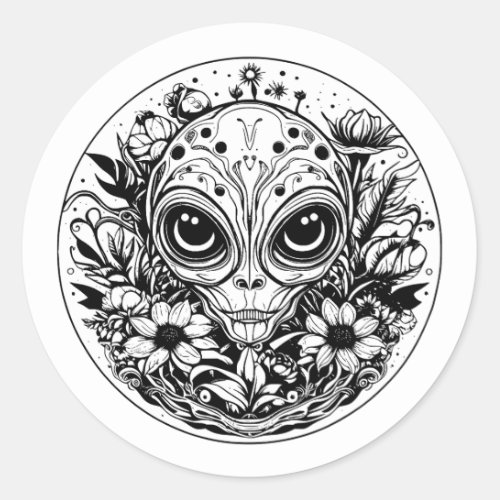 Extraterrestrial Alien in Flowers Black and White Classic Round Sticker
