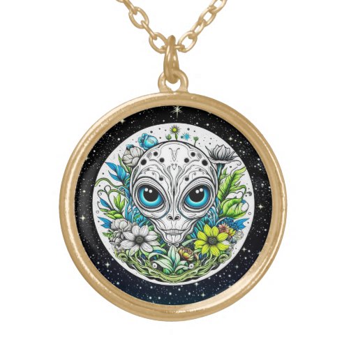 Extraterrestrial Alien in Flowers  Gold Plated Necklace