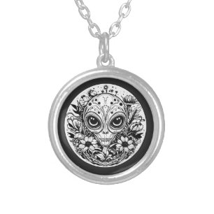 Extraterrestrial Alien in Flowers  Silver Plated Necklace