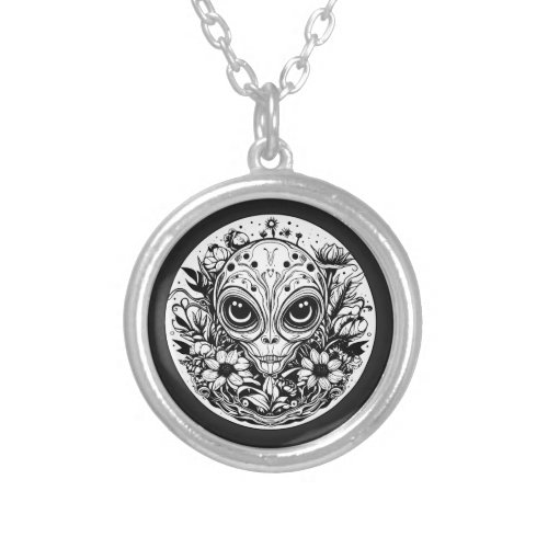 Extraterrestrial Alien in Flowers  Silver Plated Necklace
