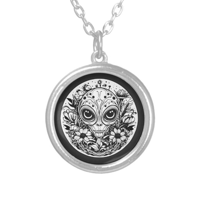 Extraterrestrial Alien in Flowers  Silver Plated Necklace (Front)