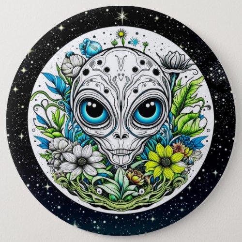 Extraterrestrial Alien in Flowers Starry Night Button