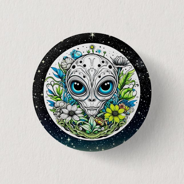 Extraterrestrial Alien in Flowers Starry Night Button (Front)