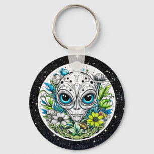 Extraterrestrial Alien in Flowers Starry Night Keychain