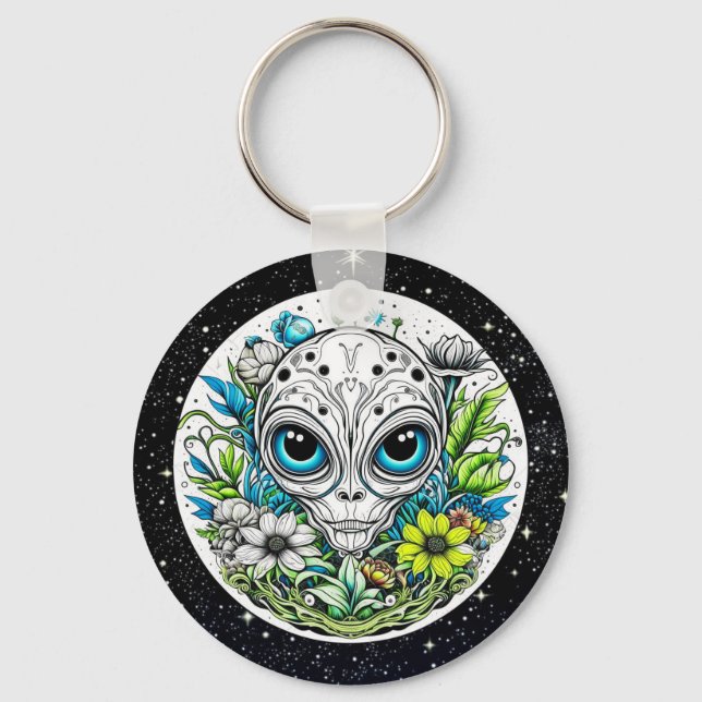 Extraterrestrial Alien in Flowers Starry Night Keychain (Front)
