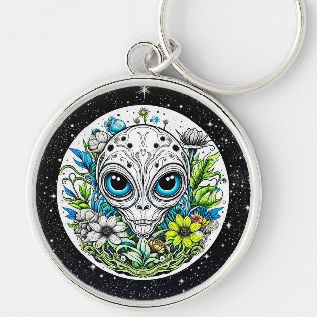 Extraterrestrial Alien in Flowers Starry Night Keychain (Front)