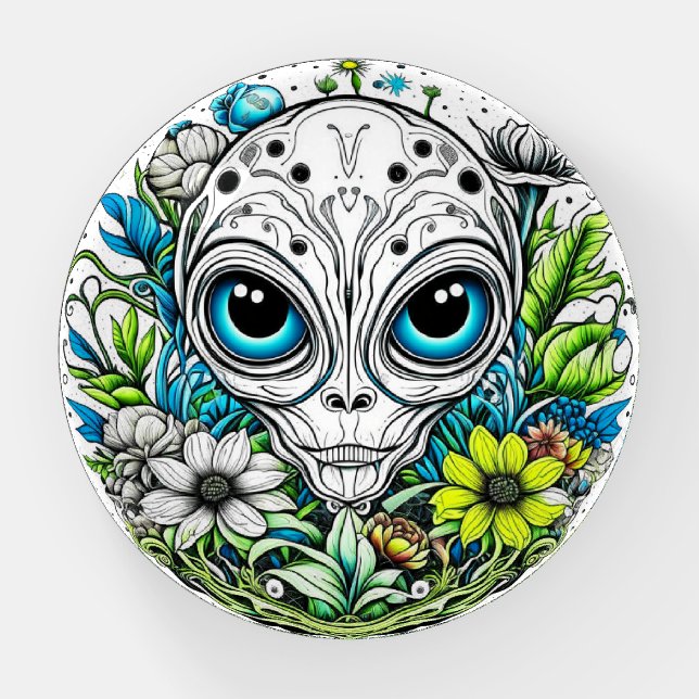 Extraterrestrial Alien in Flowers Starry Night Paperweight (Front)
