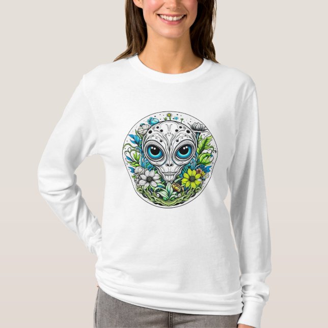 Extraterrestrial Alien in Flowers Starry Night T-Shirt (Front)
