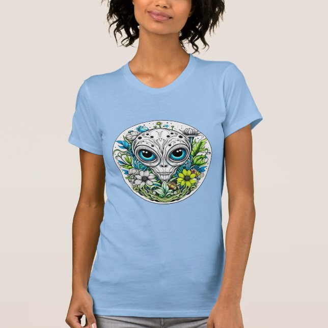 Extraterrestrial Alien in Flowers Starry Night T-Shirt (Front)