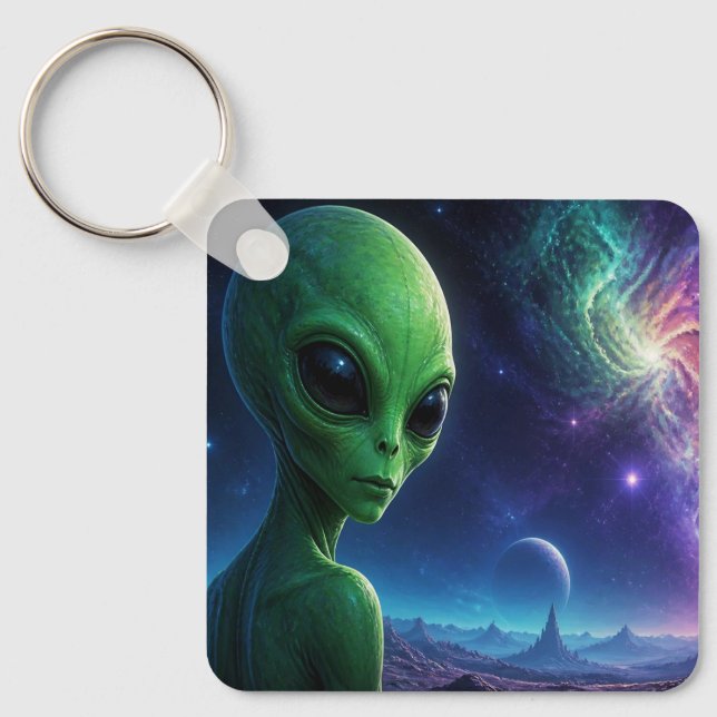 Extraterrestrial Alien Looking Over Their Shoulder Keychain (Front)