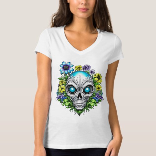 Extraterrestrial Alien Skull and Flowers T_Shirt
