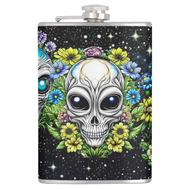 Extraterrestrial Alien Skulls and Flowers  Flask (Front)