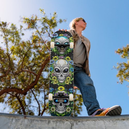 Extraterrestrial Alien Skulls and Flowers  Skateboard
