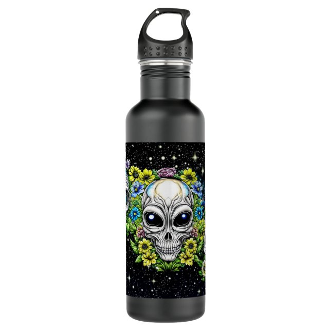 Extraterrestrial Alien Skulls and Flowers  Stainless Steel Water Bottle (Front)