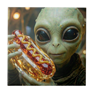 Extraterrestrial Alien with Crystalline Hotdog Ceramic Tile