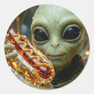 Extraterrestrial Alien with Crystalline Hotdog Classic Round Sticker
