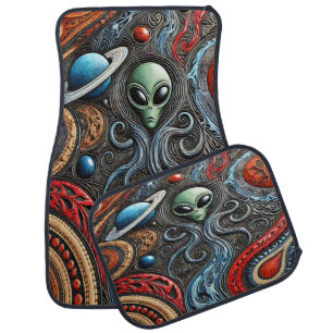 Extraterrestrial Encounter in a Colorful Cosmos Car Floor Mat