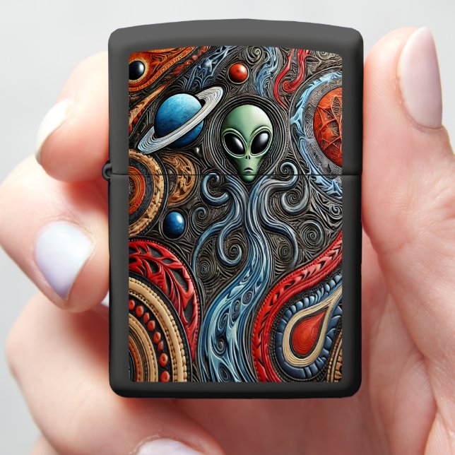 Extraterrestrial Encounter in a Colorful Cosmos Zippo Lighter (In Hand)