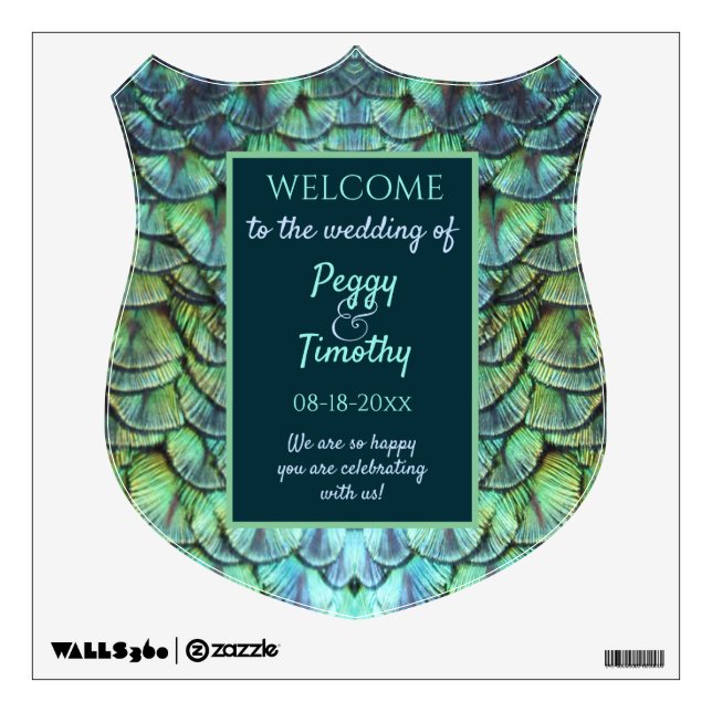Extravagant Aqua Peacock Feathers Wedding Crest  Wall Decal (Front)