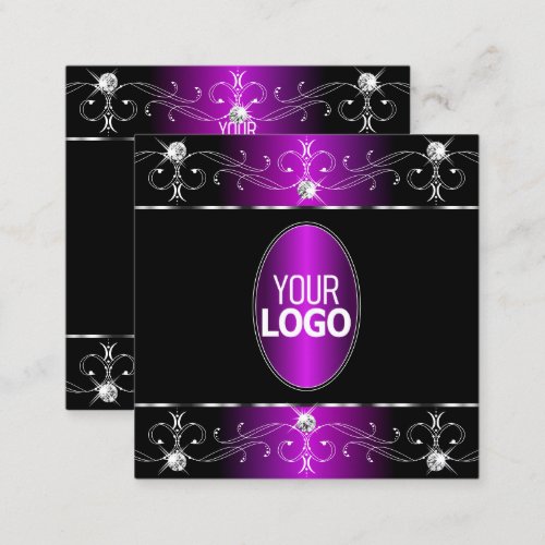 Extravagant Black Purple Ornate Ornaments Add Logo Square Business Card