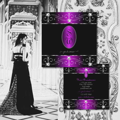 Extravagant Black Purple Ornate Ornaments Monogram Square Business Card