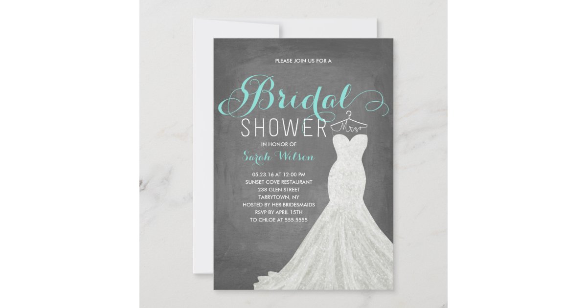 Extravagant Dress Chalkboard Teal | Bridal Shower Invitation | Zazzle