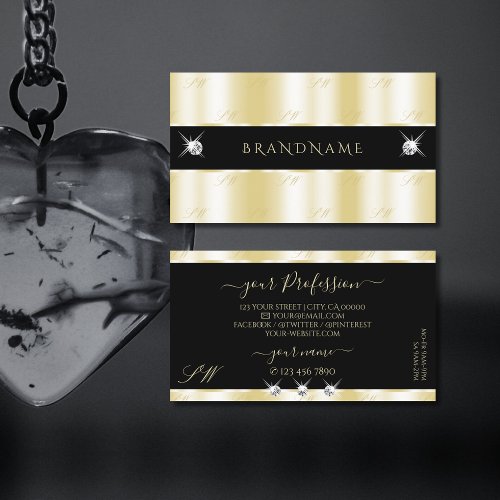 Extravagant Gold Black Sparkling Diamonds Monogram Business Card