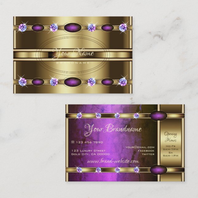 Extravagant Golden with Chic Purple Marble Pattern Business Card (Front/Back)