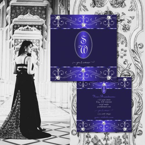 Extravagant Royal Blue Ornate Ornaments Initials Square Business Card