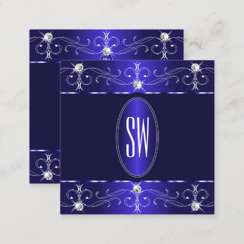 Extravagant Royal Blue Ornate Ornaments Monogram Square Business Card