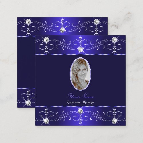 Extravagant Royal Blue Ornate Ornaments with Photo Square Business Card