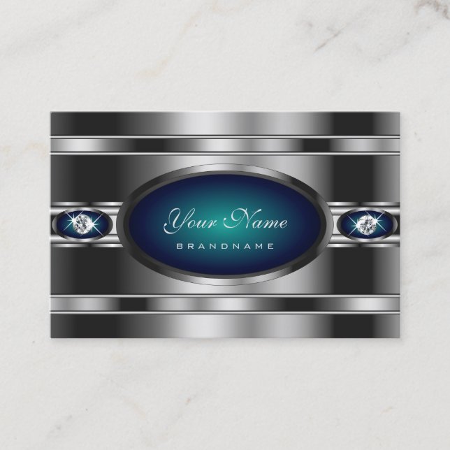 Extravagant Silver and Blue with Faux Rhinestones Business Card (Front)