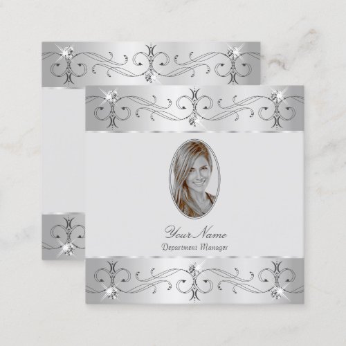 Extravagant Silver Gray Ornate Ornaments Add Photo Square Business Card