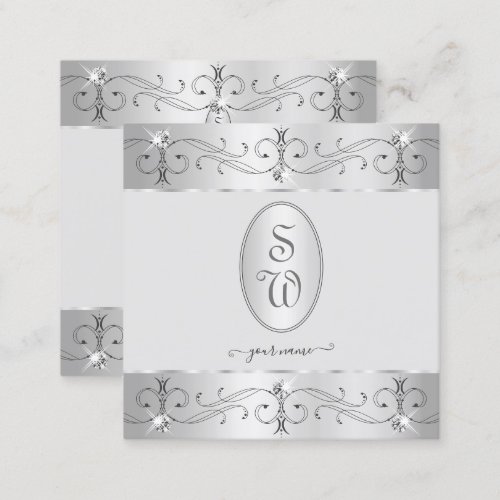 Extravagant Silver Gray Ornate Ornaments Monogram Square Business Card