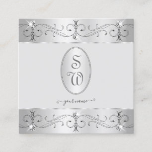 Extravagant Silver Gray Ornate Ornaments Monogram Square Business Card