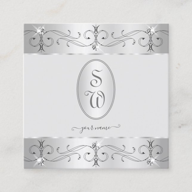 Extravagant Silver Gray Ornate Ornaments Monogram Square Business Card (Front)