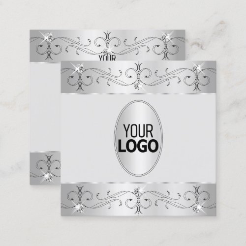 Extravagant Silver Gray Ornate Ornaments with Logo Square Business Card