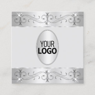 Extravagant Silver Gray Ornate Ornaments with Logo Square Business Card