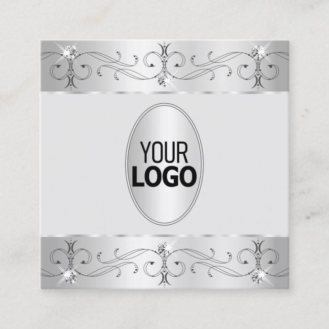 Extravagant Silver Gray Ornate Ornaments with Logo Square Business Card (Front)