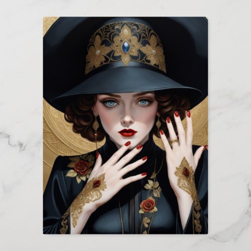 Extravagant theater actress black hat black rose foil holiday postcard