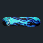EXTREME Blue Flame Skateboard Deck<br><div class="desc">Competition style skateboarding deck featuring a unique ice blue flame against black background design.  Able to be customized with your initials</div>