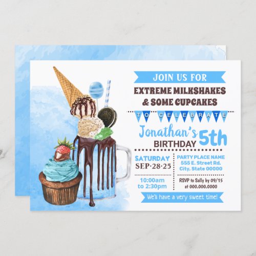 Extreme milkshakes ice cream birthday bash blue invitation