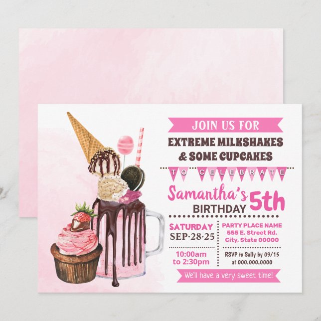 Extreme milkshakes ice cream birthday bash pink invitation (Front/Back)