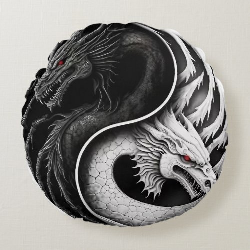 EXTREMLY DETAILED YIN YANG CHINESE DRAGON ROUND PILLOW