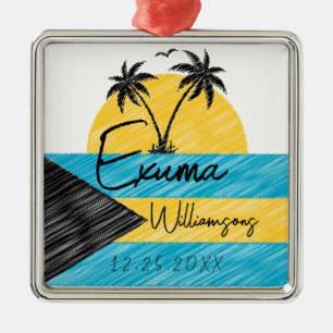 Exuma Bahamas Flag Palm Tree Sunset Souvenirs Metal Ornament