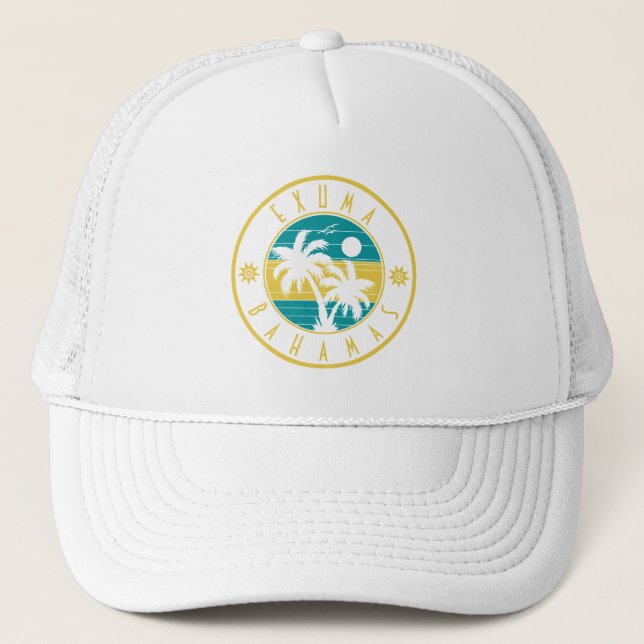 Exuma Bahamas Islands Retro Palm Trees Souvenirs Trucker Hat (Front)