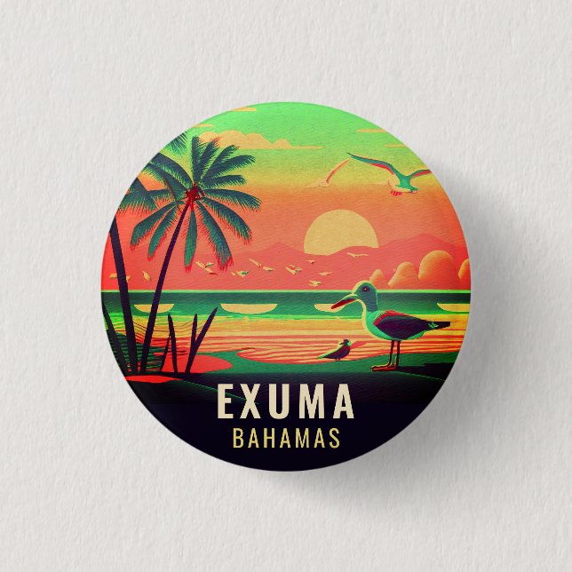 Exuma Bahamas Retro Sunset Seagull Souvenir 1950s Button (Front)