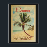 Exuma Palm Tree Vintage Travel Postcard<br><div class="desc">A uniquely retro mid-century modern Exuma Bahamas art print in vintage travel poster style. It features a curved palm tree on sandy beach with ocean under a blue cloudy sky.</div>