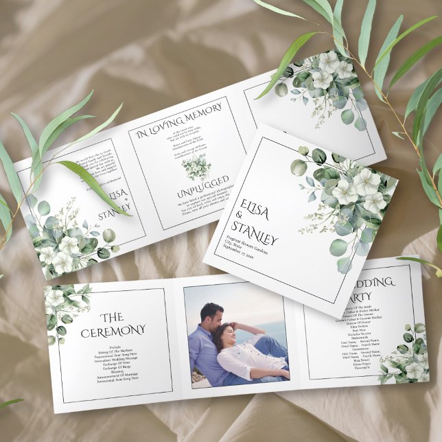 Eycalyptus and white flowers floral wedding Tri-Fold program (Creator Uploaded)