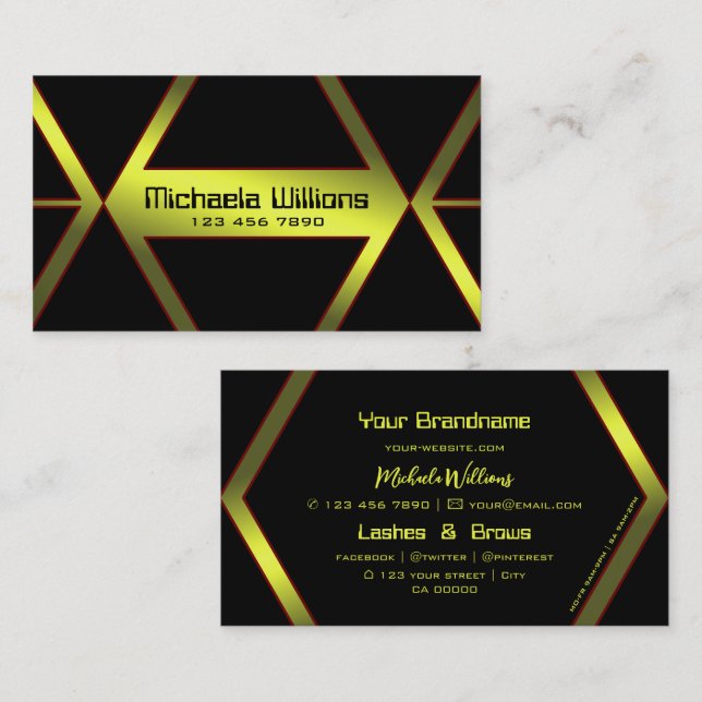 Eye Catcher Black Geometric Yellow Shimmer Modern Business Card (Front/Back)